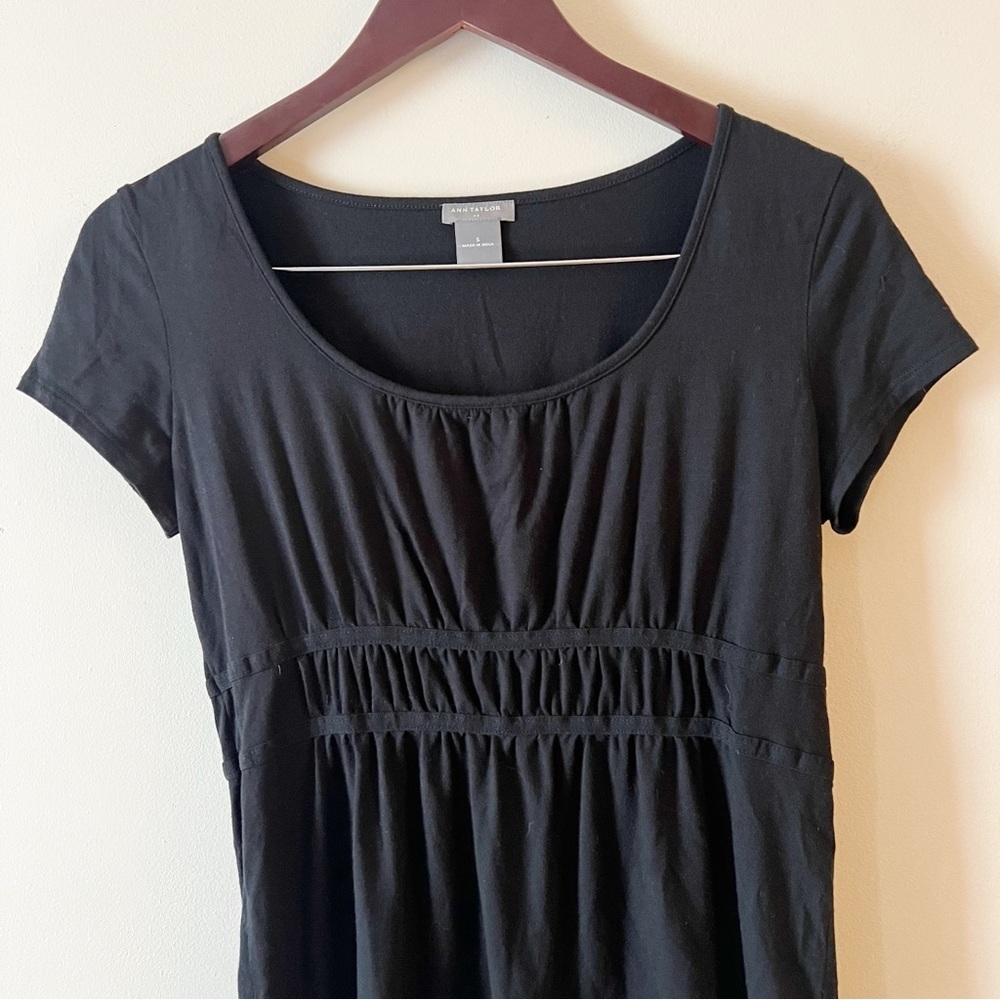 Ann Taylor Modal Black Short Sleeve Top Ruched Front Size Small Round Neck - Picture 2 of 8